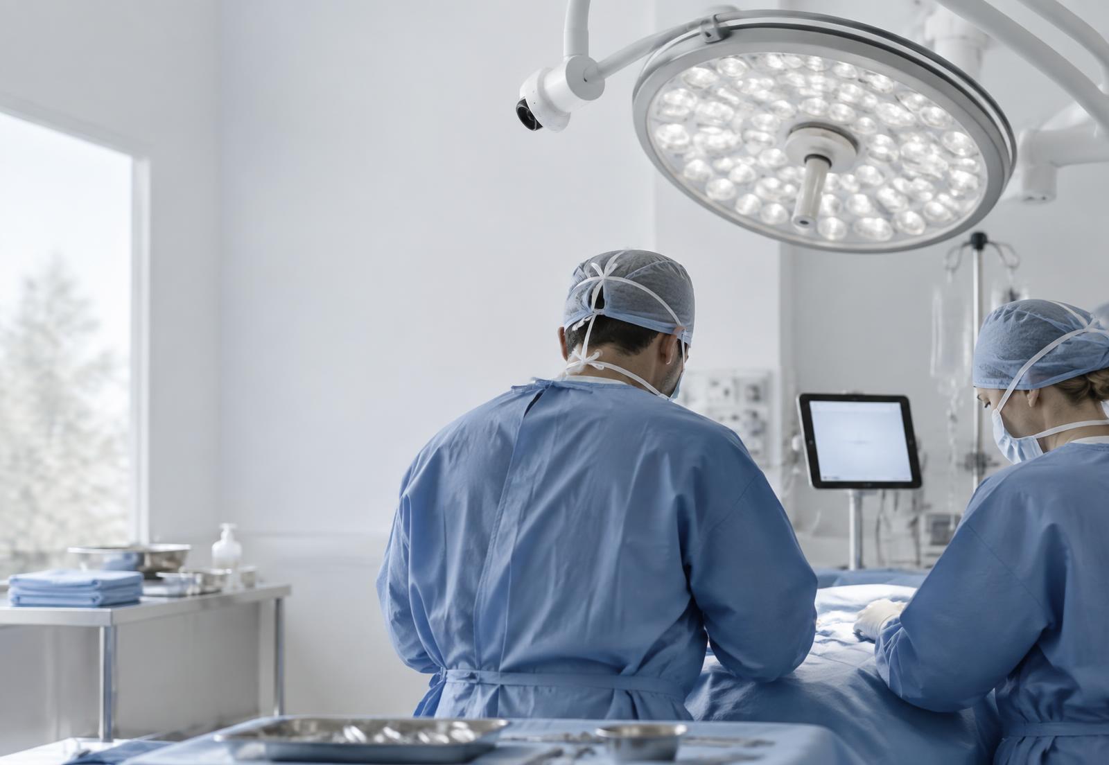 Operating room with a small wireless ProcedurePause sensor mounted near the overhead surgical light and a tablet interface nearby